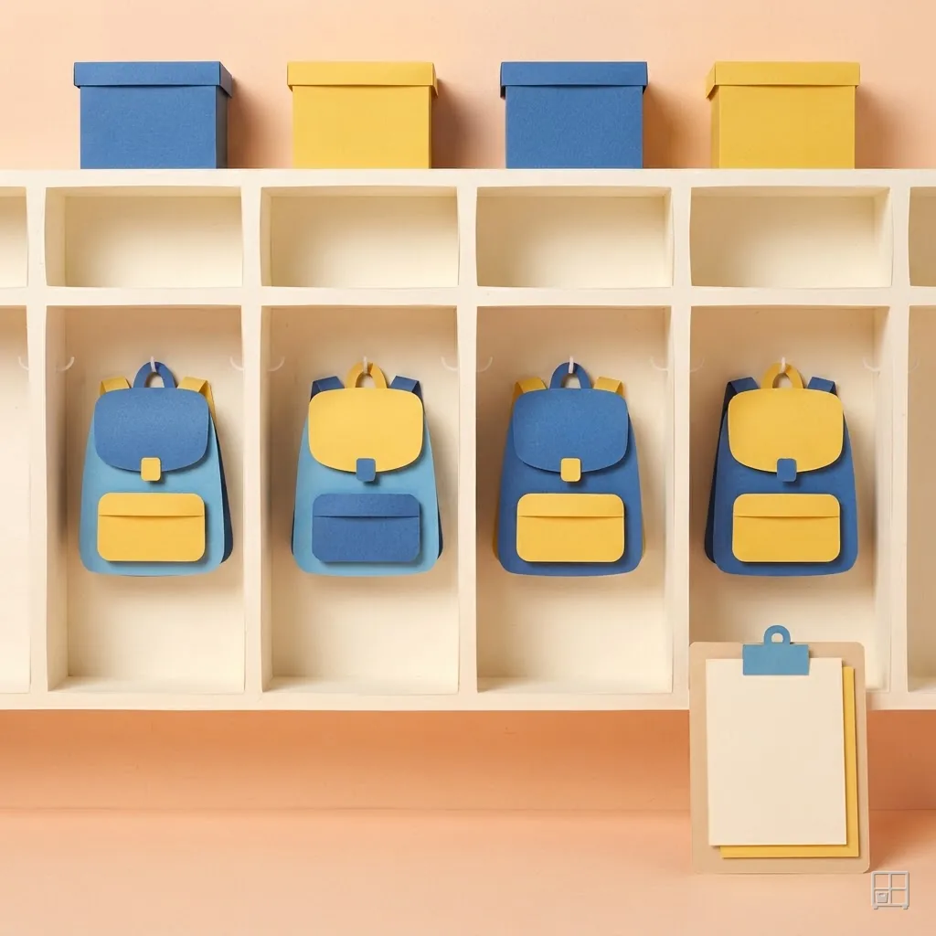 Cut-paper collage of a four-bay cubby unit with blue and yellow backpacks and a clipboard leaning at its foot