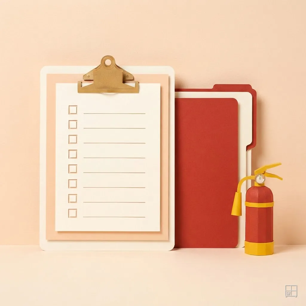 Cut-paper collage of a clipboard of ruled lines with empty tick boxes, a red folder standing behind it and a yellow-and-red extinguisher alongside