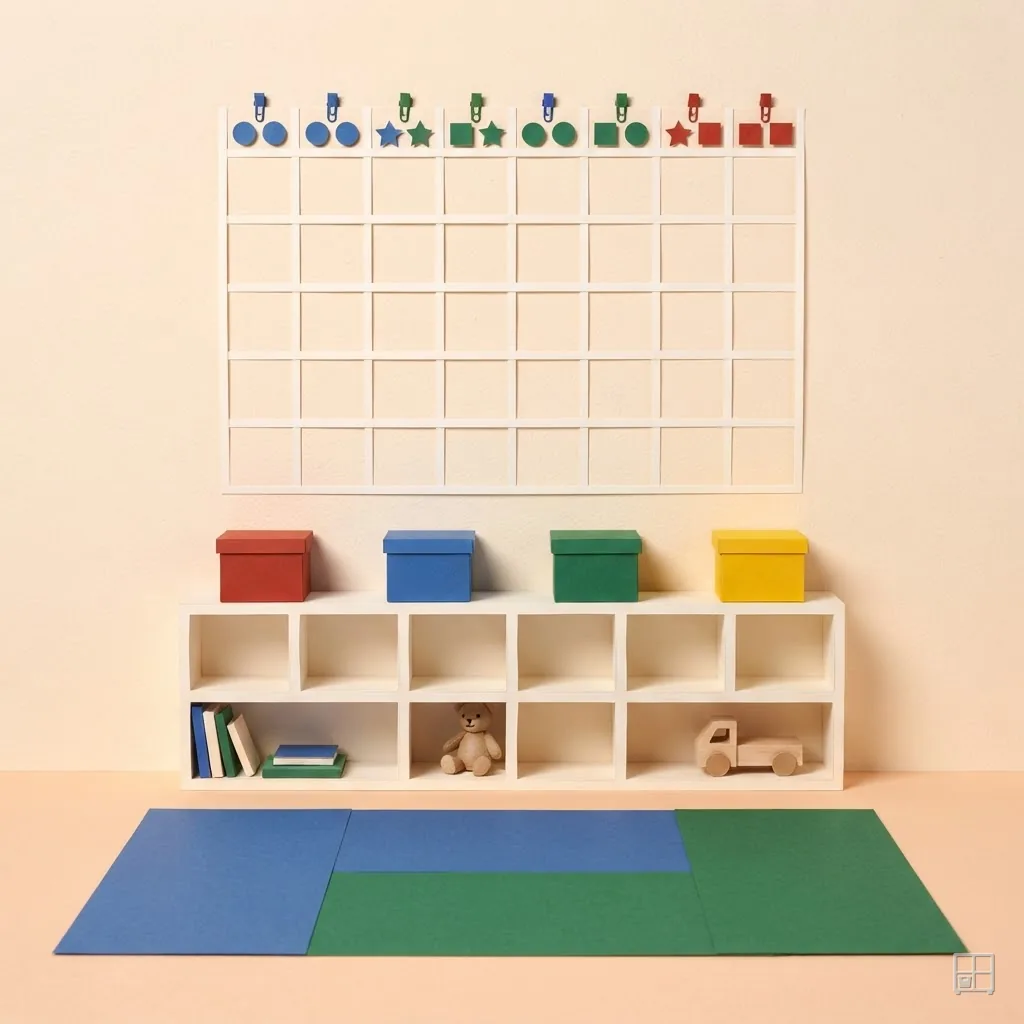 Cut-paper collage of a wall chart of empty grid squares above a low cubby shelf, four colour boxes on top and a blue-and-green mat below