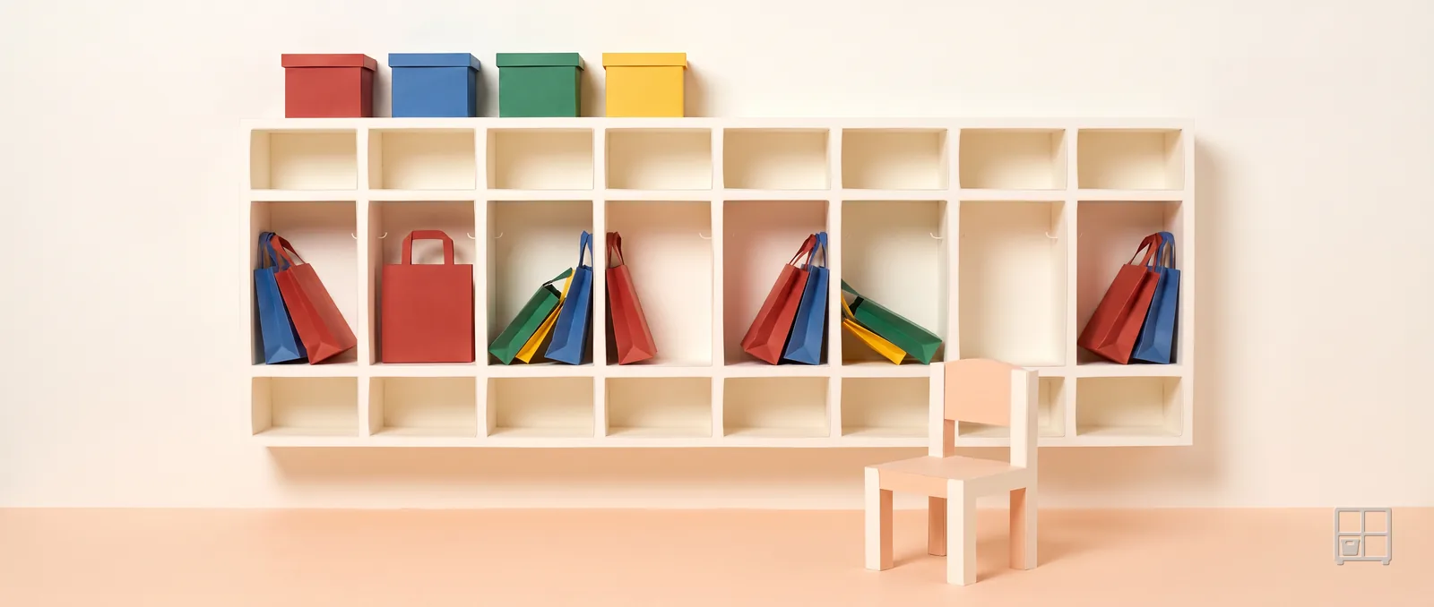 Cut-paper collage of a cubby wall of open compartments holding red and blue bags and folders, four colour boxes on the shelf above and a small chair in front